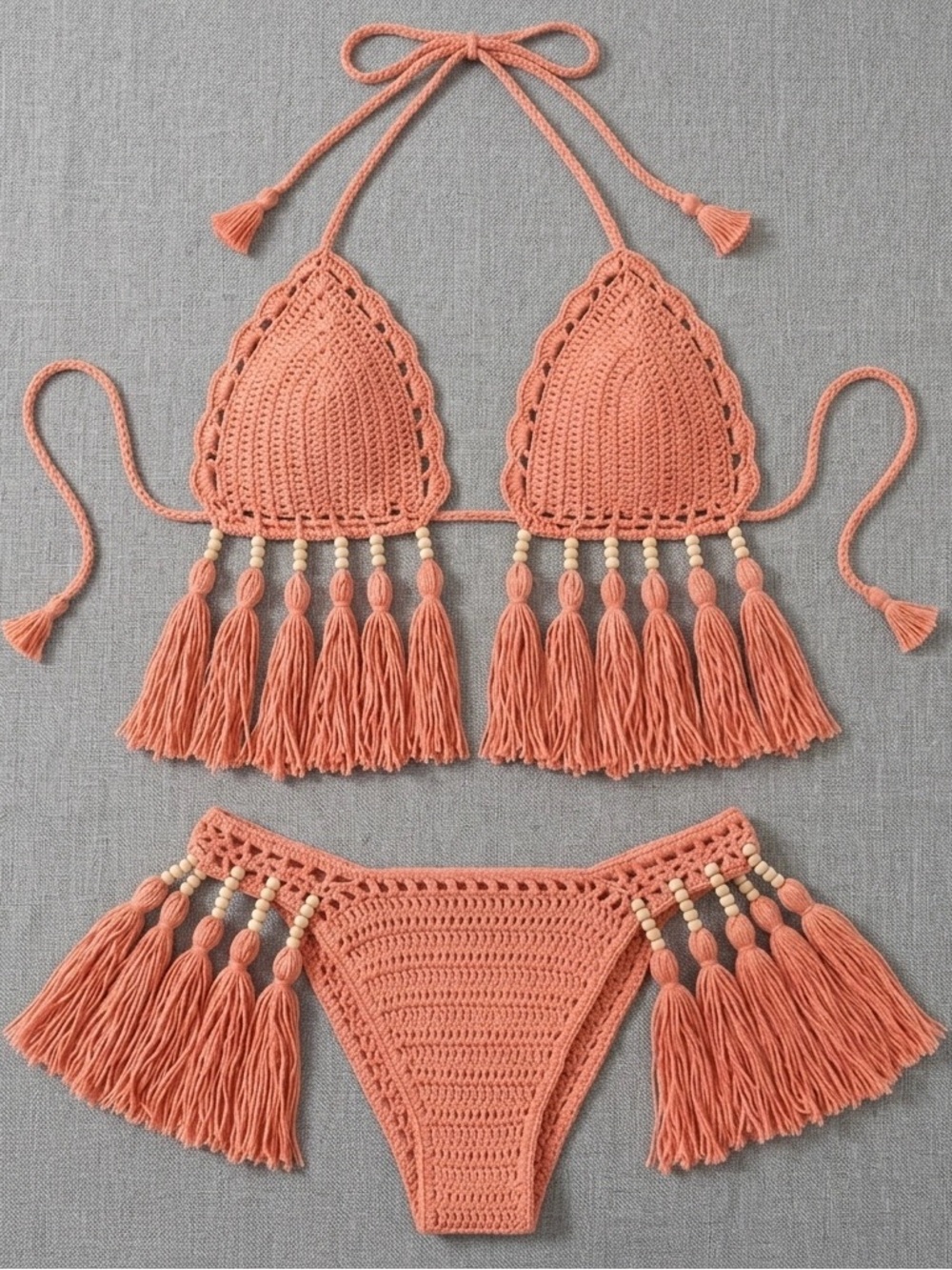 🪼3/60$ Crochet Fringe Bikini Set in Peach